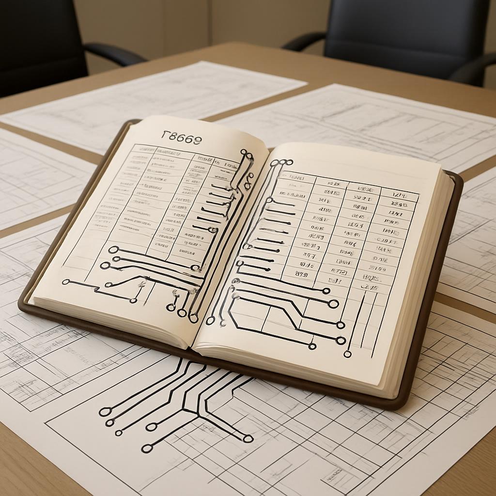 A brown notebook with an open page displaying a circuit-like pattern, set on top of a wooden table with a sheet of compute...