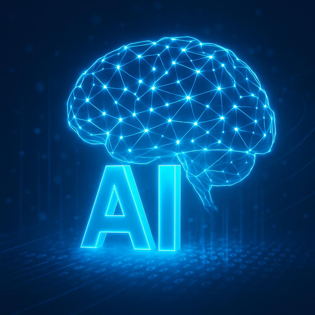 An image of a glowing blue brain and the letters "AI" with a fitted geometric mesh, set against a dark blue background.